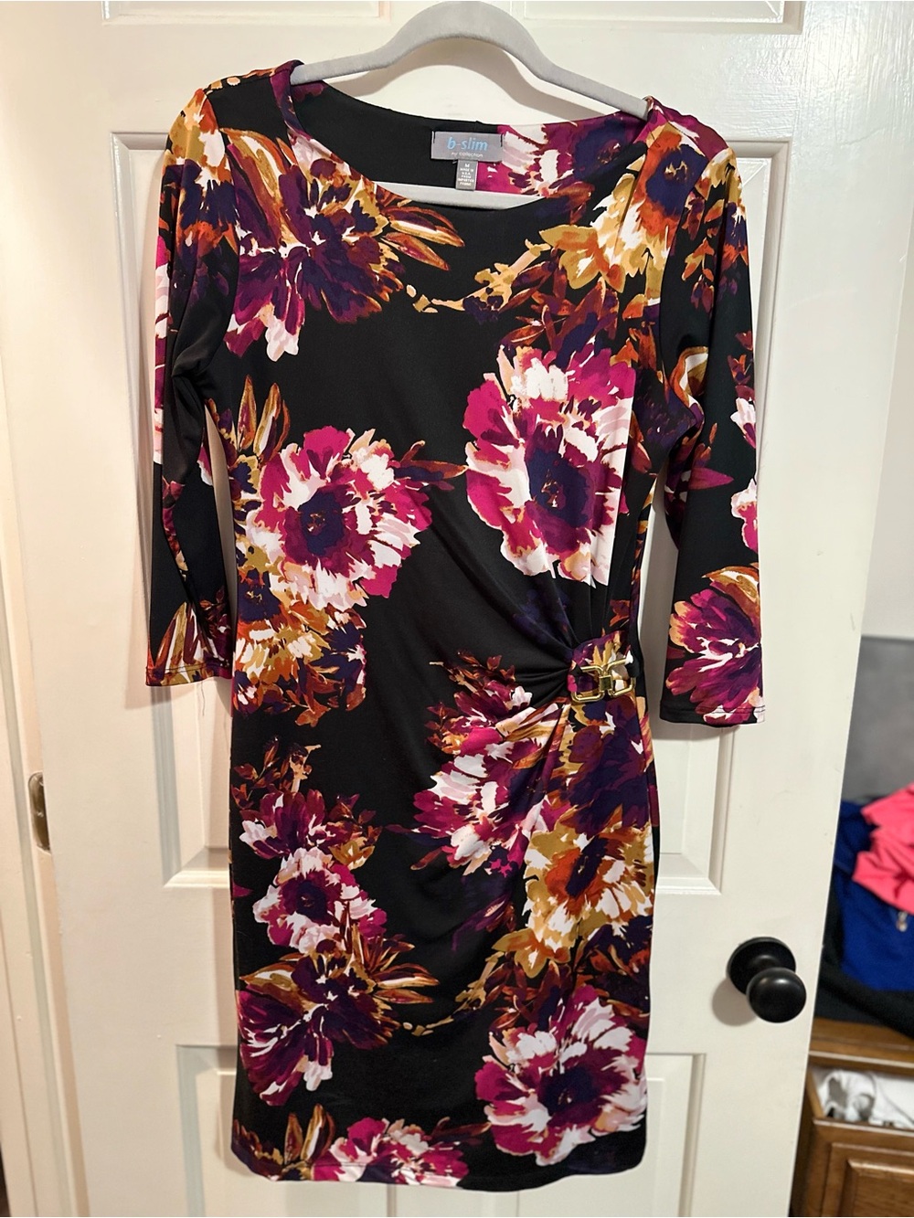 NY Collection Black Midi Dress with Magenta and Gold Floral Print